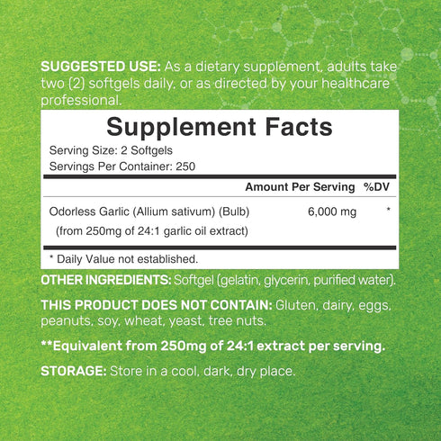 DEAL SUPPLEMENT Odorless Aged Garlic Pills, 6,000mg Per Serving, 500 Softgels – 24:1 Garlic Oil Extract – Fresh Allium Sativum Bulb Source – Heart & Immune Antioxidant Supplements – Non-GMO