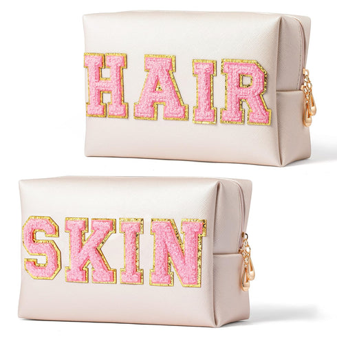 Y1tvei 2Pcs Preppy Patch Varsity Letter Cosmetic Bag, Pink Zipper Pouch for Women Teen Girls, Waterproof Travel
