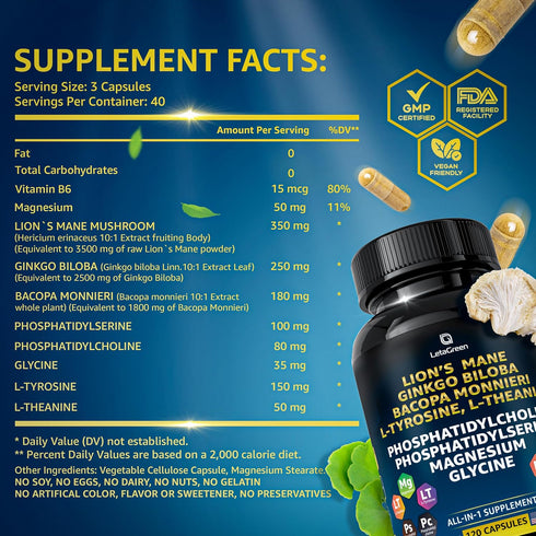 Organic Lions Mane Supplement Capsules - 120 Real Mushrooms Lion's Mane Capsules with Ginkgo Biloba Herb, Bacopa Monnieri - Nootropics Brain Support - Lion Mane Mushroom Supplement