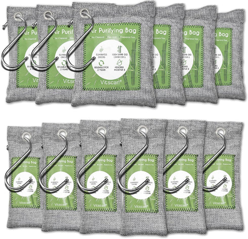 12 Pack Bamboo Air Purifying Bags, Activated Charcoal Odor Absorbers, Natural Car Air Freshener, Shoe Deodorizer