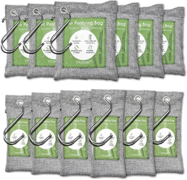 12 Pack Bamboo Air Purifying Bags, Activated Charcoal Odor Absorbers, Natural Car Air Freshener, Shoe Deodorizer