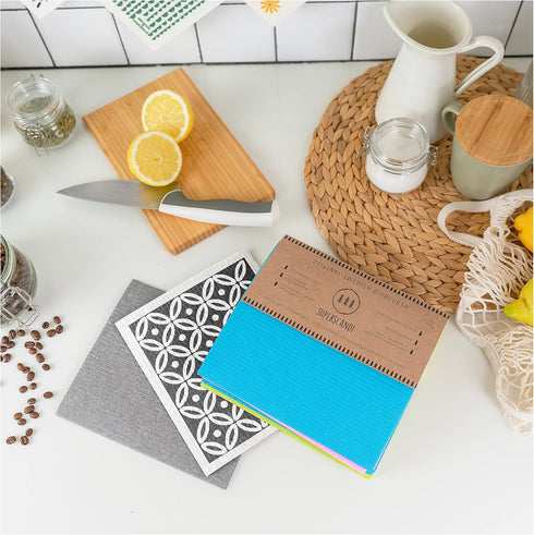 SUPERSCANDI 6 Pack Swedish Dishcloths - Eco Friendly, Reusable, Biodegradable Cellulose Sponge Cleaning Cloths for