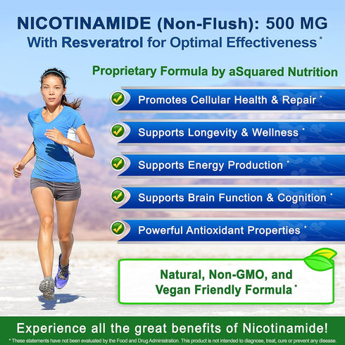 aSquared Nutrition Nicotinamide with Resveratrol, 120 Veggie Capsules, Vitamin B3 500mg, NAD Support