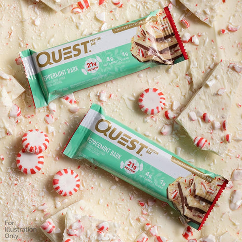 Quest Nutrition Peppermint Bark Protein Bar - 21g Protein, 4g Net Carb, 1g Sugar, Gluten Free, 12 Count