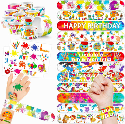 48PCS Art Party Favors: 24 Tattoos, 24 Slap Bracelets, Themed Birthday Supplies, Gifts for Girls Boys