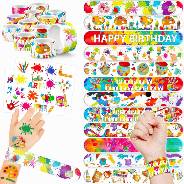 48PCS Art Party Favors: 24 Tattoos, 24 Slap Bracelets, Themed Birthday Supplies, Gifts for Girls Boys