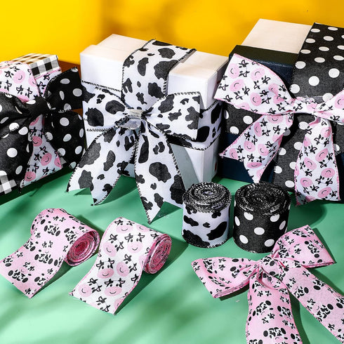 4 Rolls Cow Print Wired Ribbon, 24 Yard, 2.5 Inch, Pink Black and White Striped for DIY Crafts
