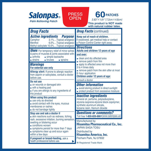 Salonpas Pain Relieving Patch for Back, Neck, Shoulder, Knee Pain, 60 Count, 8 Hour Relief