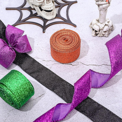 Whaline 40 Yards Halloween Glitter Wired Ribbon, Green, Orange, Purple, Black