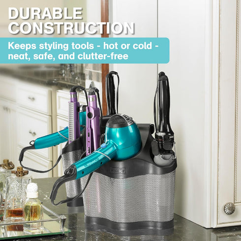 Polder Style Station for Hair Styling Tools, Black and Silver, Organizes Dryers, Irons, Brushes