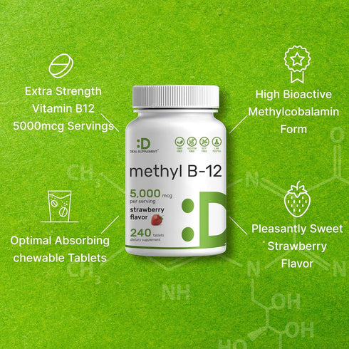 DEAL SUPPLEMENT Methyl B-12 Vitamins 5000 mcg, 240 Chewable Tablets, Strawberry Flavored, Energy Support