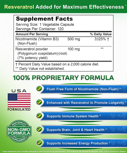 aSquared Nutrition Nicotinamide with Resveratrol, 120 Veggie Capsules, Vitamin B3 500mg, NAD Support