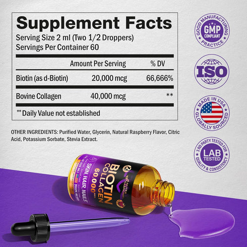 Liquid Biotin & Collagen - Extra Strength 60000 mcg Drops for Hair Growth Support, Strong Nails, Healthy Skin - B7