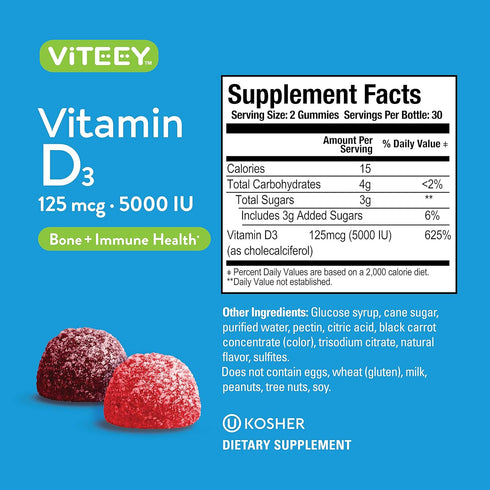 Vitamin D3 Gummies for Adults & Teens, 5,000 IU, 125mcg, Ultra Strength, Chewable, Berry Flavored