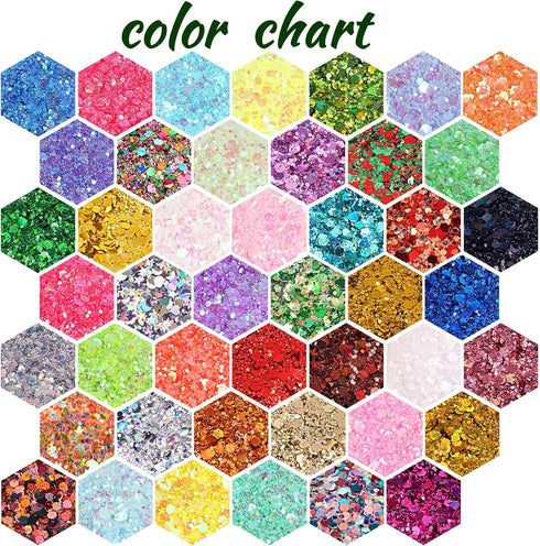 Holographic Chunky and Fine Glitter Mix, 45 Colors for Epoxy Resin Arts, Nail Glitter, Cosmetic and Body Glitter