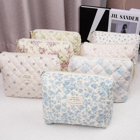 Makeup Bag Quilted Floral Cosmetic Bag for Women, Cute Cotton Travel Toiletry Organizer Bag (Blue Rose)