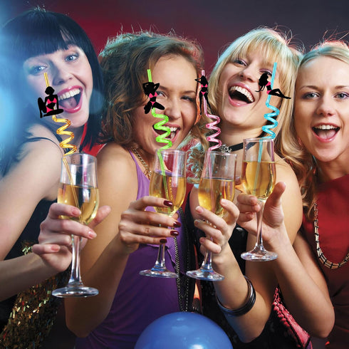 24PCS Bachelorette Theme Straws - Bachelor Dancer Crazy Reusable Twisty Straws with 2 PCS Cleaning Brushes for Party