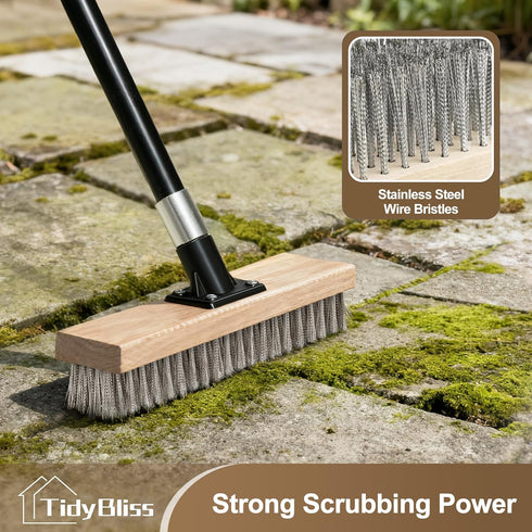 Swimming Stainless Steel Wire Scrub Brush with Long Handle, Heavy Duty Stiff Metal Broom Scrubber, Outdoor Moss Removal