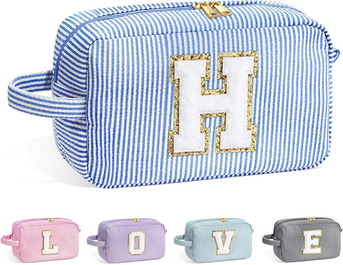 Initial Makeup Bag for Women - Monogram Cute Blue Cosmetic Toiletry Pouch, Personalized Birthday Gifts
