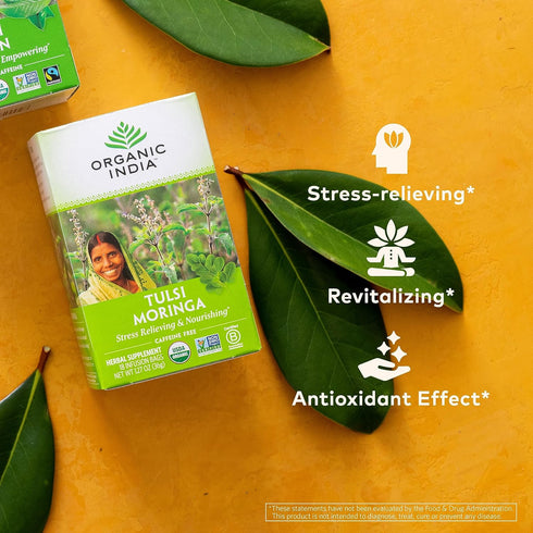 Organic India Tulsi Moringa Herbal Tea, Stress Relieving & Nourishing, Vegan, 18 Infusion Bags, 6 Pack