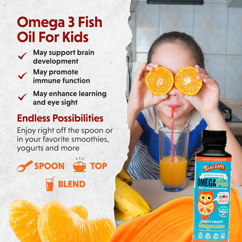 Barlean's Omega Pals Eye Health Liquid, Tangerine Flavored Omega 3 for Kids, 8 oz with 500 mg of EPA & DHA