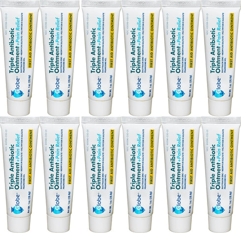 Globe Triple Antibiotic + Pain Relief Dual Action Ointment, 1 Oz | 24 Hour Pain and Infection Protection (12 Pack)