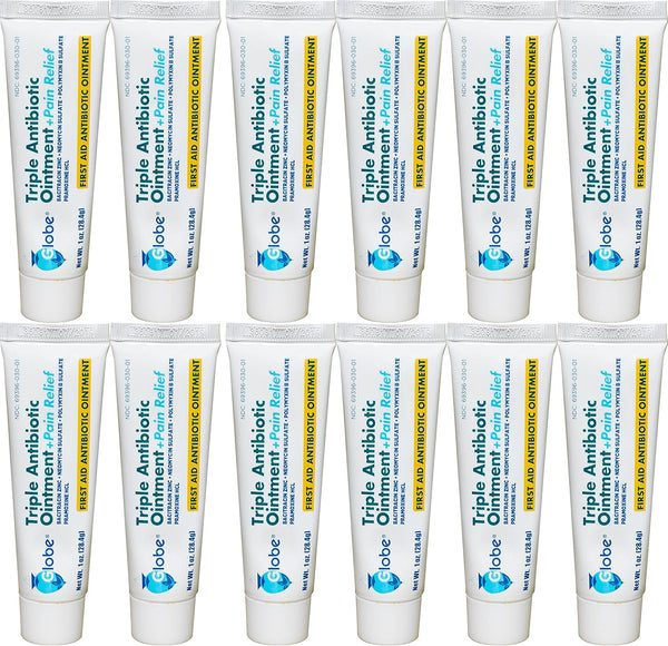 Globe Triple Antibiotic + Pain Relief Dual Action Ointment, 1 Oz | 24 Hour Pain and Infection Protection (12 Pack)