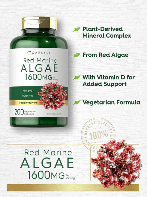 Carlyle Red Marine Algae 1600mg, 200 Capsules, Vegetarian Supplement, Non-GMO, Gluten Free