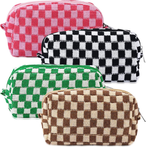 4Pcs Checkered Makeup Bag for Women, Knitted Small Cosmetic Pouch, Cute Aesthetic Travel Toiletry Organizer