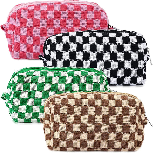 4Pcs Checkered Makeup Bag for Women, Knitted Small Cosmetic Pouch, Cute Aesthetic Travel Toiletry Organizer