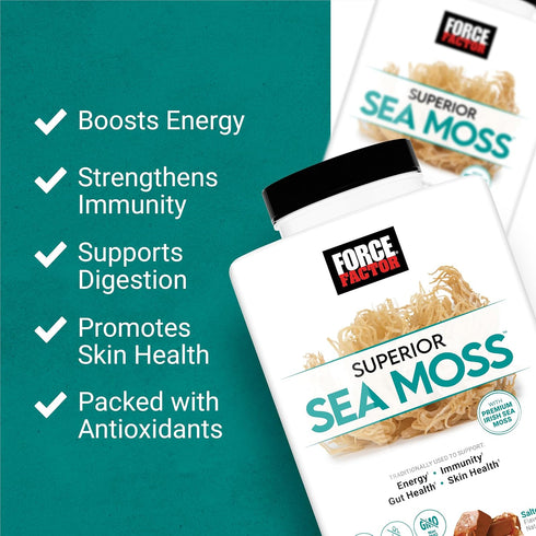 FORCE FACTOR Superior Sea Moss, Premium Irish Sea Moss to Support Energy, Immunity, Gut Health, & Skin Health, Non-GMO, Gluten Free, Salted Caramel Flavor, 60 Soft Chews