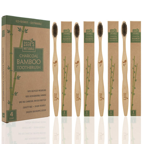 Zeek's Naturals LLC Pack 4 Biodegradable Eco-Friendly Natural Bamboo Charcoal Toothbrushes - of - Numbered - Charcoal