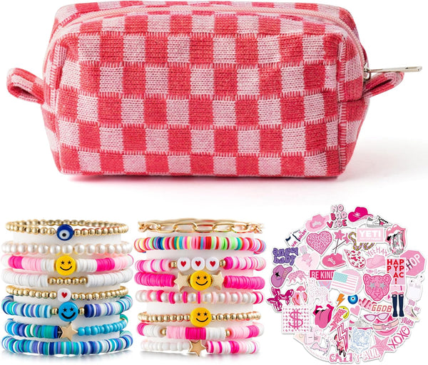 LieToi 67 Pcs Pink Checkered Cosmetic Bag Set, Knitted Toiletry Makeup Bags and Preppy Style Bracelets