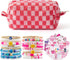 LieToi 67 Pcs Pink Checkered Cosmetic Bag Set, Knitted Toiletry Makeup Bags and Preppy Style Bracelets