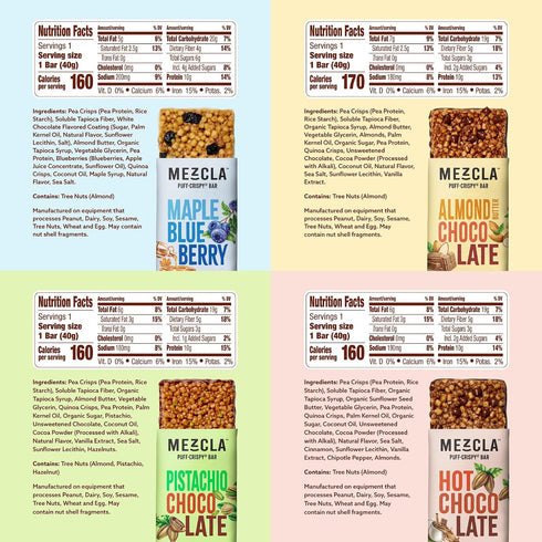 Pack 10g 8 Count Mezcla Puff-Crispy Plant Based Protein Bars - Variety - Healthy Snacks for Adults & Kids - Granola
