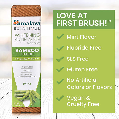 Himalaya Botanique Whitening Antiplaque Toothpaste, Bamboo + Sea Salt, Fluoride Free, Gentle Whitening, 4 oz