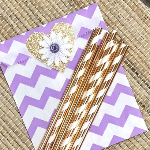 Rose Gold Solid and Stripe Foil Paper Straws, 7.75 Inches, 50 Pack by Outside the Box Papers