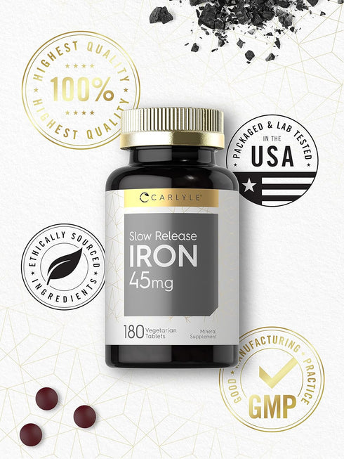 Carlyle Slow Release Iron | 45 mg | 180 Tablets - Vegetarian, Non-GMO, Gluten Free Formula | Ferrous Sulfate Mineral