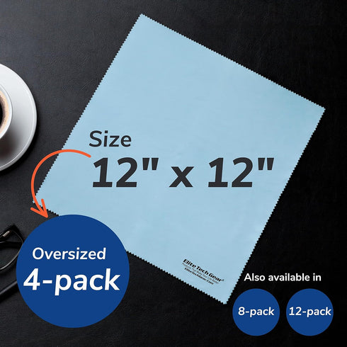 Elite Tech Gear Microfiber Cloth Set - 4-Pack, 12"x12" Washable Wipes for Glasses, Lenses, Electronics & Screens