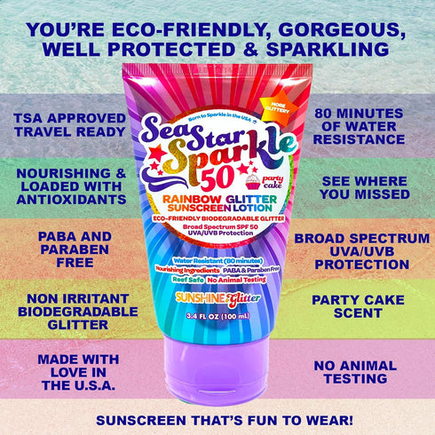 Seastar Sparkle - Rainbow Party Cake Scented Glitter Sunscreen, SPF 50, Biodegradable, Kids Lotion, Made in USA