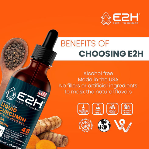 E2H Liquid Turmeric Curcumin for Better Absorption - Natural Joint Support - Turmeric Root Extract with Black Pepper