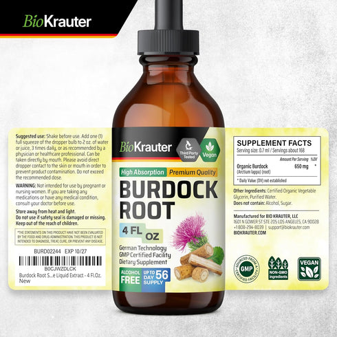 Organic Burdock Root Tincture - Antioxidant Support Liquid Supplement, Alcohol and Sugar Free, Vegan Drops 4 Fl.Oz.