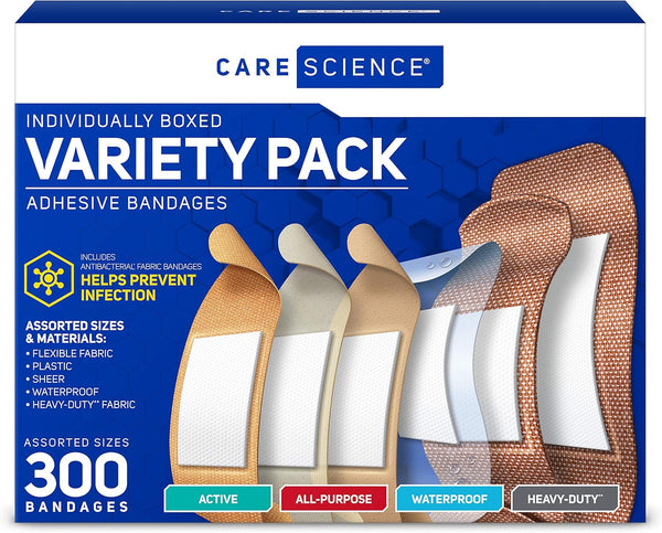 Care Science Variety Bandages Pack, 300 ct Bulk Assorted Sizes for First Aid, Waterproof, Heavy-Duty