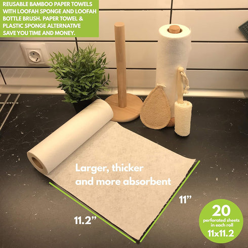 Bamboo Rayon Paper Towels (2 Rolls, 40 Sheets) - Washable Reusable Paper Towel Alternative, Eco Friendly Gift Set
