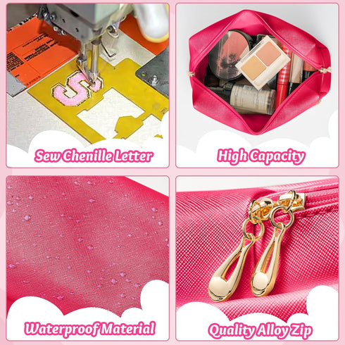 Y1tvei CHEER Large Cosmetic Bag, Preppy Patch Hot Pink Chenille Letter Makeup Bag, Portable Toiletry Pouch for