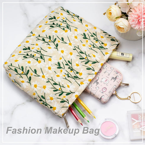 PAZIMIIK Makeup Bags for Purse - Large Zipper Cosmetic Pouch, Travel Canvas Organizer Tool for Women and Girls (Daisy