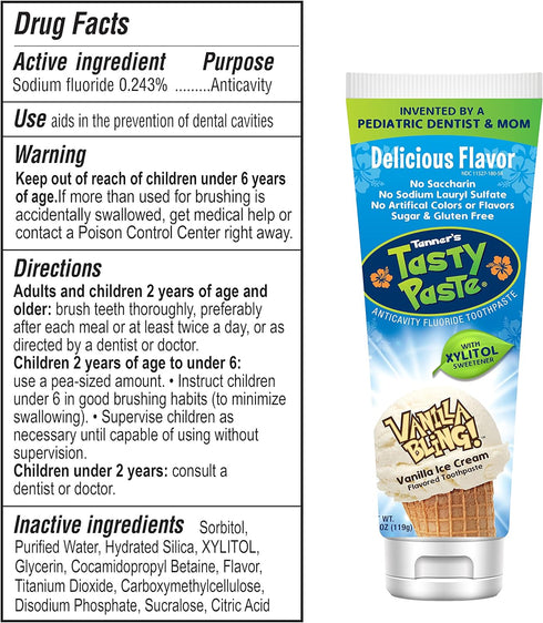 Tanner's Tasty Paste (3-Pack) Vanilla Bling - Anticavity Fluoride Childrens Toothpaste/Great Tasting, Safe