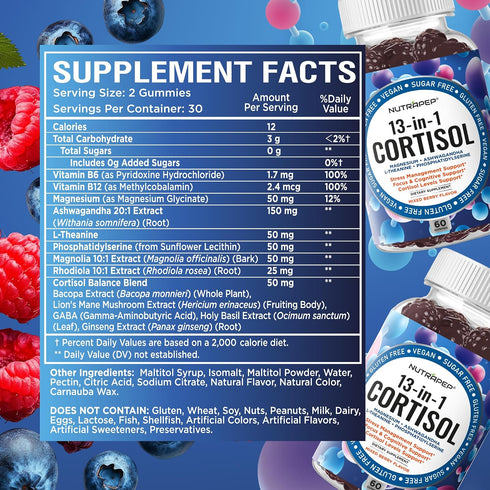 NutraPep Gummies 13-in-1 Cortisol for Women Men - High Cortisol Reducer with Ashwagandha Magnesium L-theanine Rhodiola