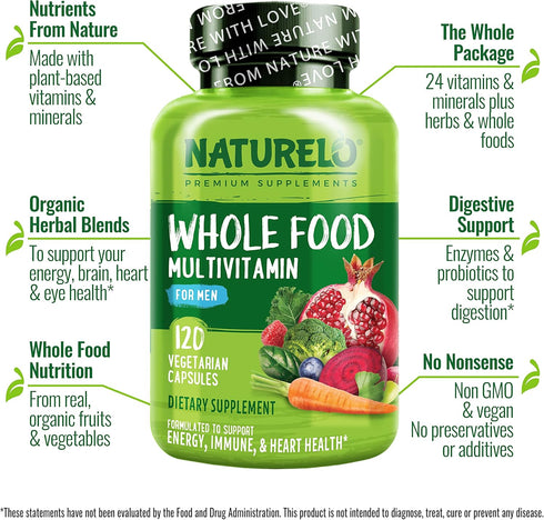 NATURELO Mens Multivitamins - Whole Food Multivitamin for Men with Vitamins, 120 Vegetarian Capsules for Health
