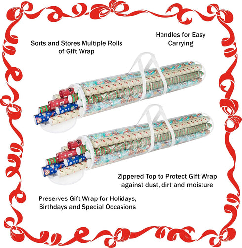 Wrapping Paper Storage - Set of 2 Organizers for 50 Rolls of Gift Wrap - Clear Totes with Handles for Holiday or Any